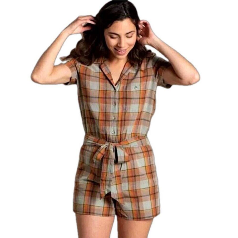 Toad&Co Orange and Tan Plaid Short-Sleeve Romper